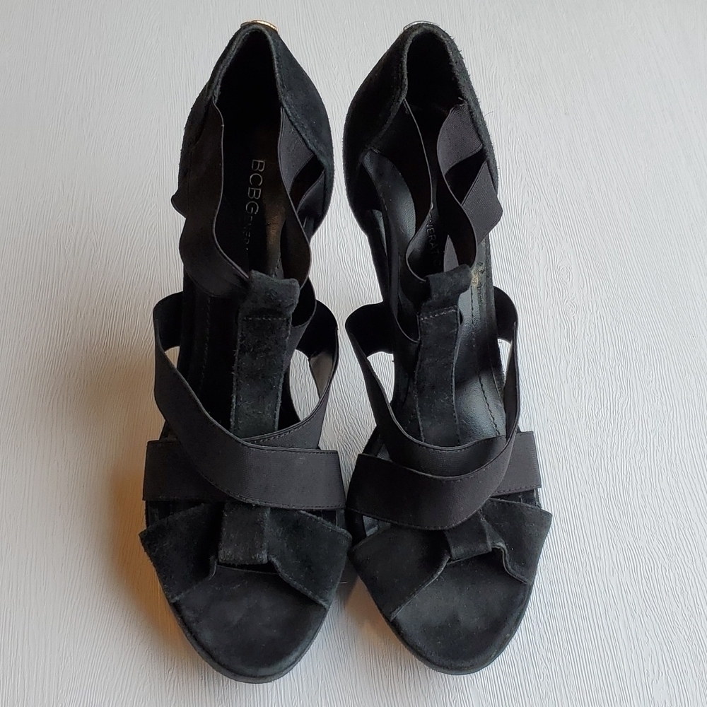 BCBG Black Strappy Platform Stilettos 8.5